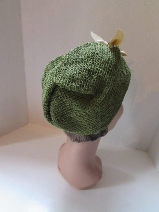 Vintage Knit Cap Spinach Green Vinyl Hat Pins Cat Like main image 4